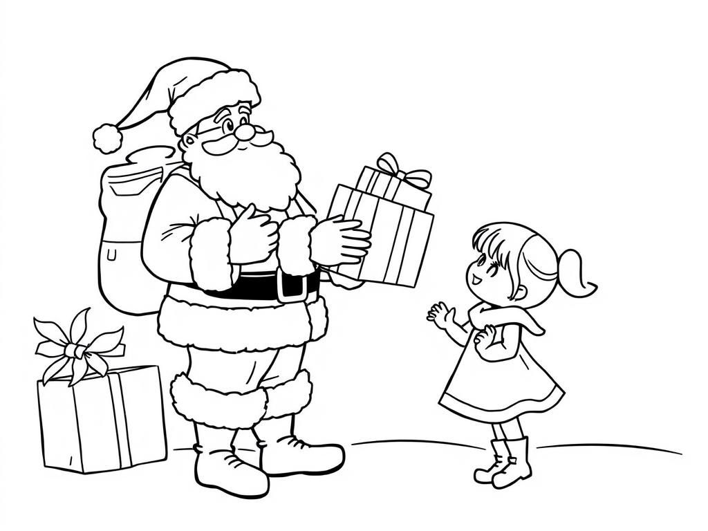 Santa Claus Giving Gift to Little Girl Coloring Page