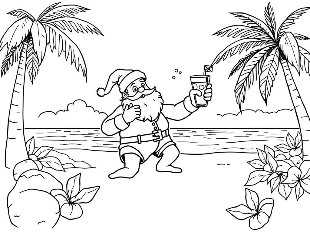 Santa on Beach Coloring Page
