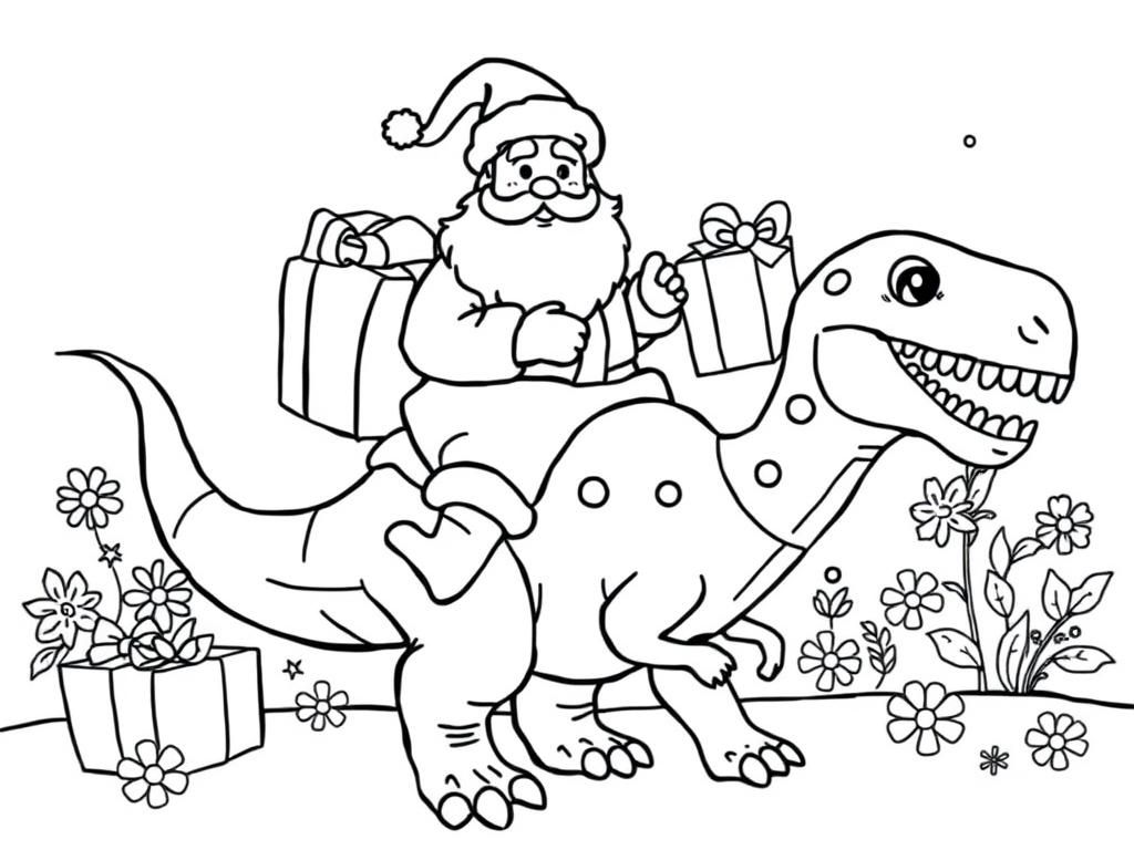 Preview of santa riding a dino with presents and flowers in the background