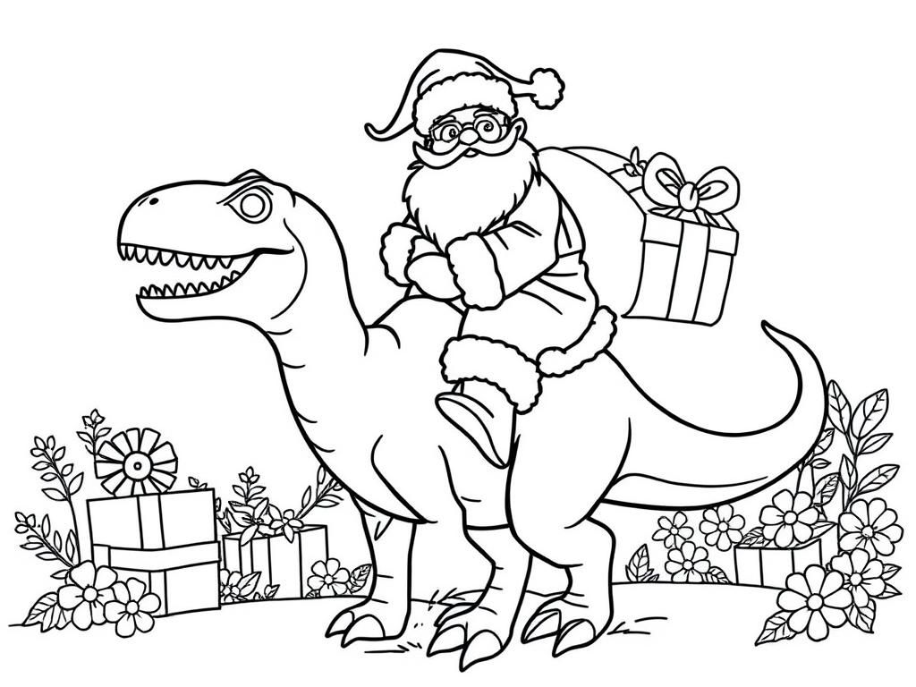 Preview of santa riding a dino with presents and flowers in the background