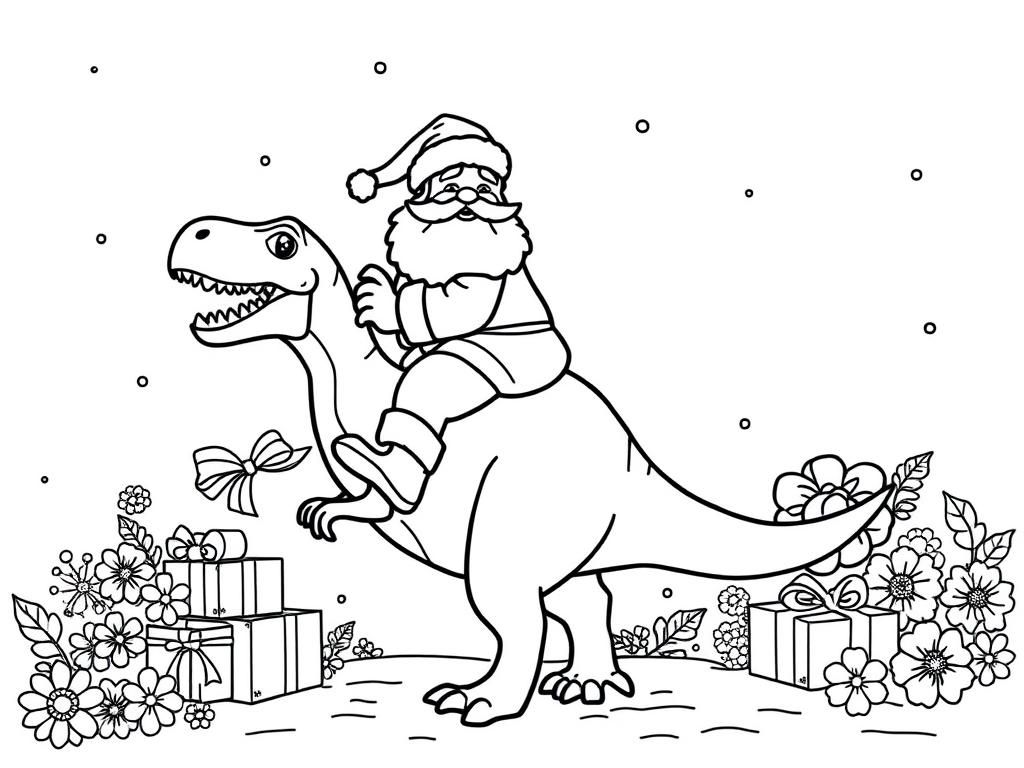 Preview of santa riding a dino with presents and flowers in the background