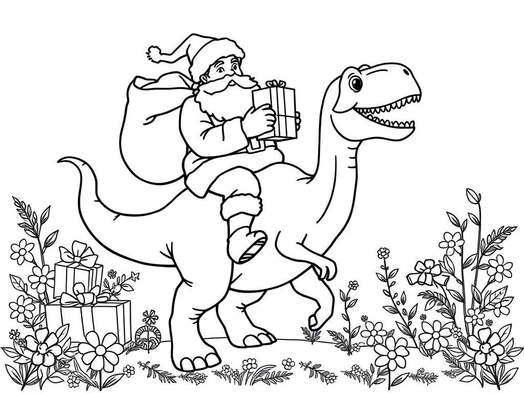 Preview of santa with a bag of presents riding a friendly dino with presents and flowers in the background