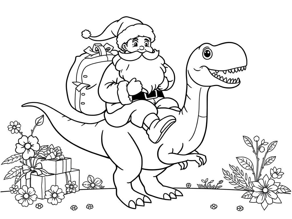 Preview of santa with a bag of presents riding a friendly dino with presents and flowers in the background