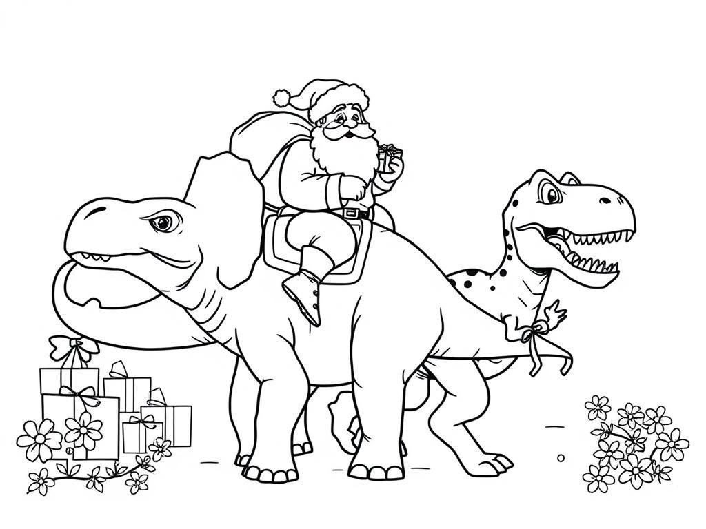 Preview of santa with a bag of presents riding a friendly triceratops and a friendly t-rex walking among them with presents and flowers in the background