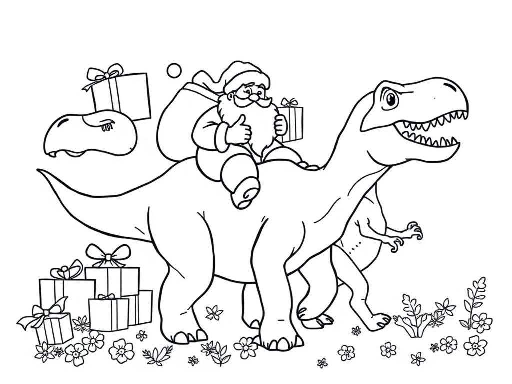 Preview of santa with a bag of presents riding a friendly triceratops and a friendly t-rex walking among them with presents and flowers in the background