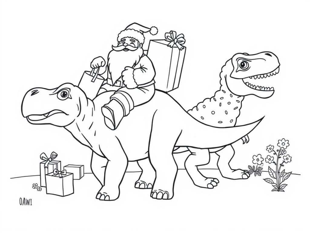 Preview of santa with a bag of presents riding a friendly triceratops and a friendly t-rex walking among them with presents and flowers in the background