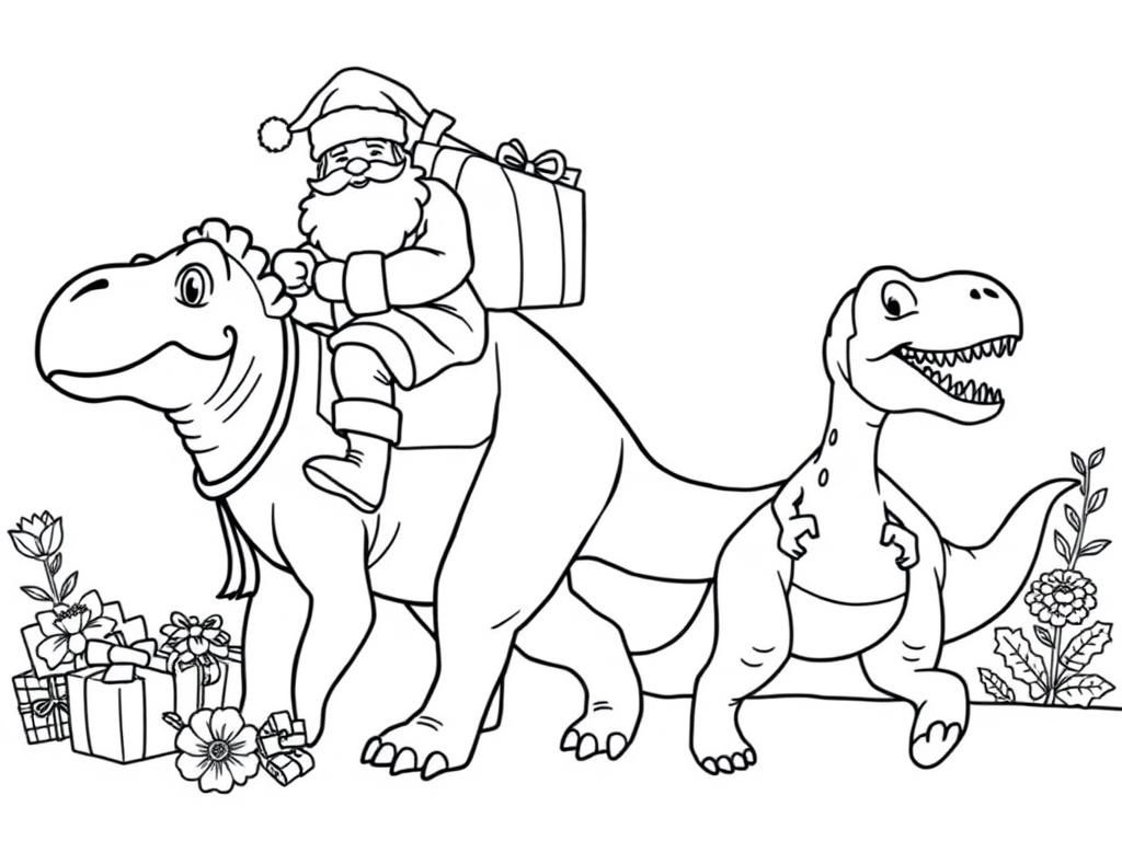 Preview of santa with a bag of presents riding a friendly triceratops and a friendly t-rex walking among them with presents and flowers in the background