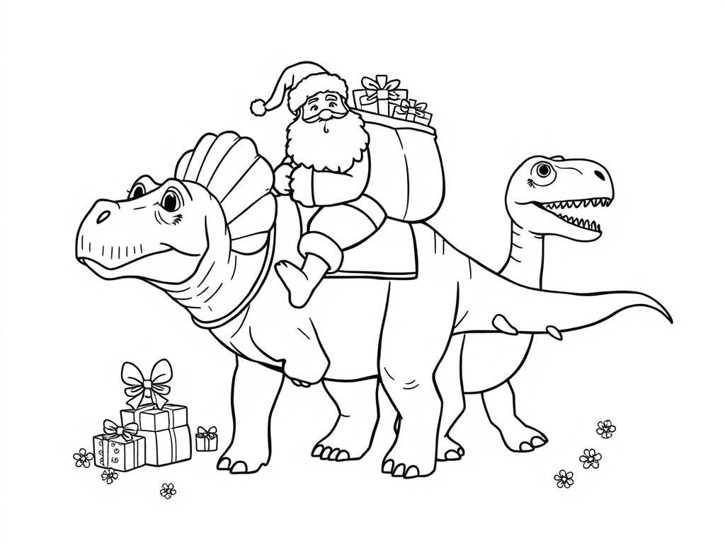 Preview of santa with a bag of presents riding a friendly triceratops and a friendly t-rex walking among them with presents and flowers in the background