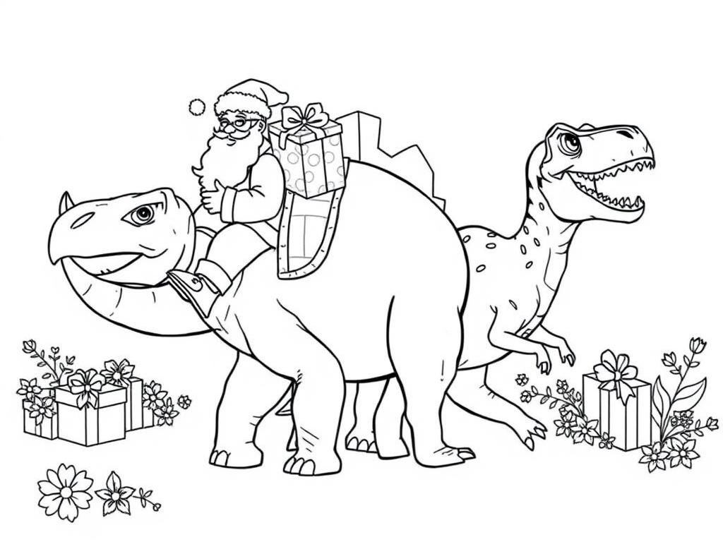 Preview of santa with a bag of presents riding a friendly triceratops and a friendly t-rex walking among them with presents and flowers in the background