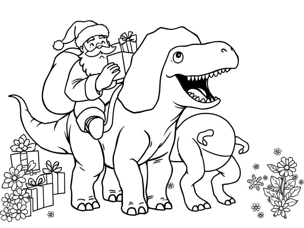 Preview of santa with a bag of presents riding a friendly triceratops and a friendly t-rex walking among them with presents and flowers in the background