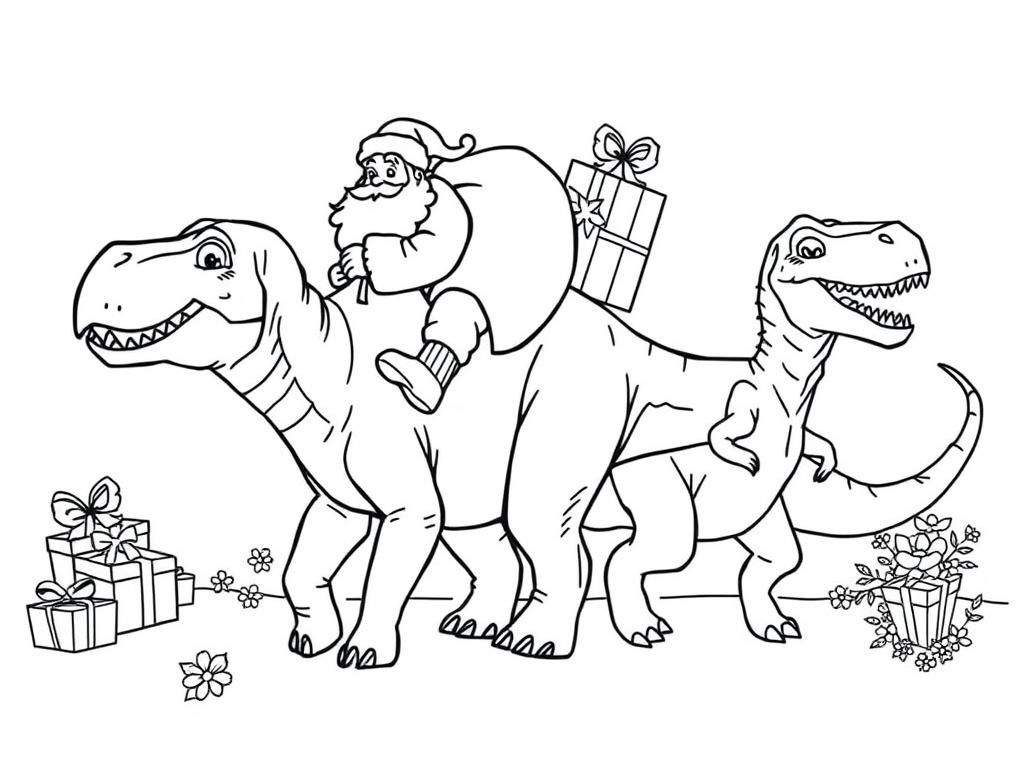 Preview of santa with a bag of presents riding a friendly triceratops and a friendly t-rex walking among them with presents and flowers in the background