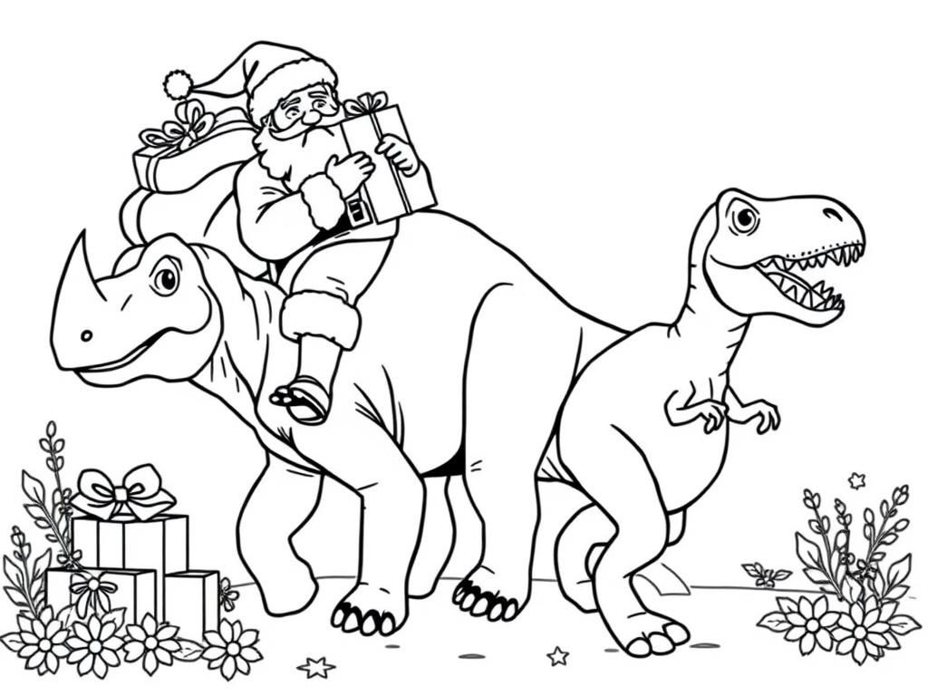 Preview of santa with a bag of presents riding a friendly triceratops and a friendly t-rex walking among them with presents and flowers in the background