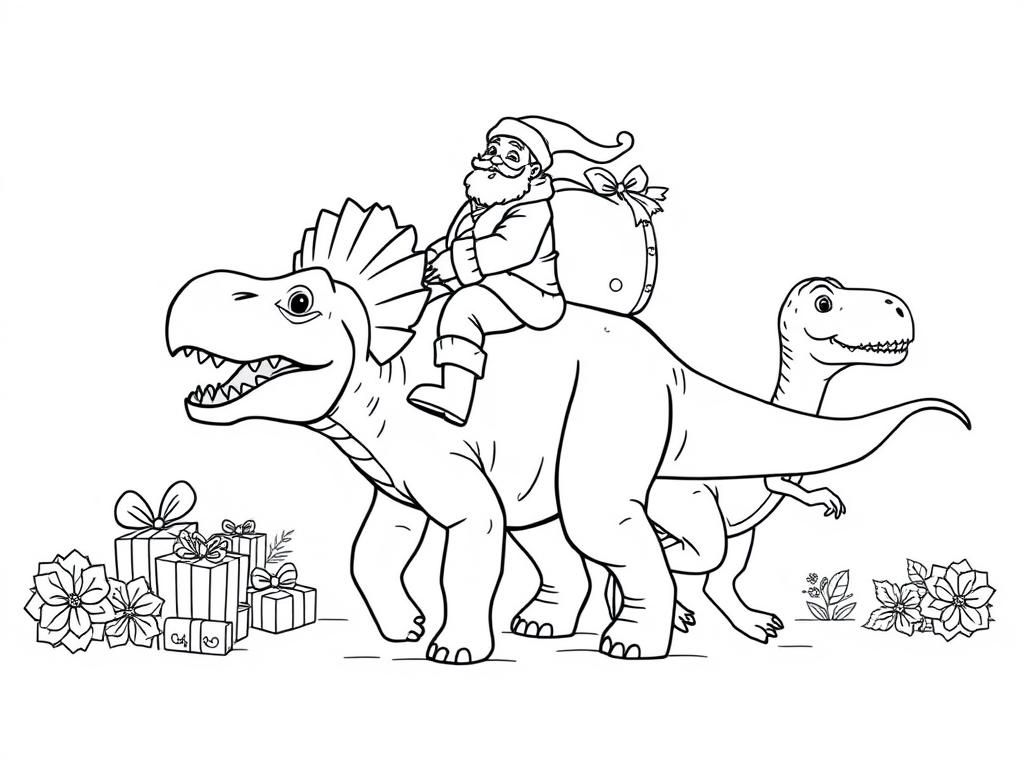 Preview of santa with a bag of presents riding a friendly triceratops and a friendly t-rex walking among them with presents and flowers in the background