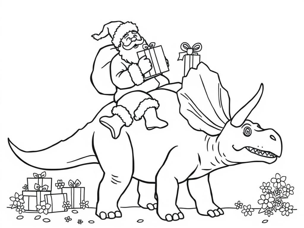 Preview of santa with a bag of presents riding a friendly triceratops with presents and flowers in the background