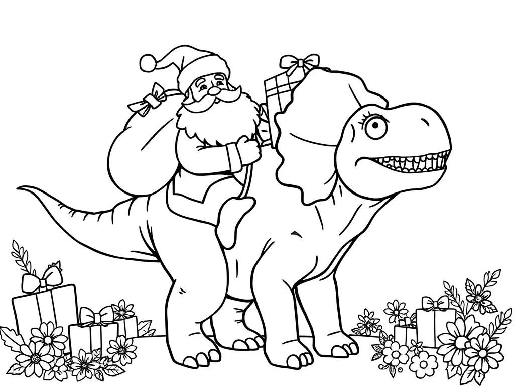 Preview of santa with a bag of presents riding a friendly triceratops with presents and flowers in the background