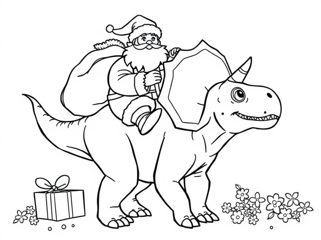 Preview of santa with a bag of presents riding a friendly triceratops with presents and flowers in the background