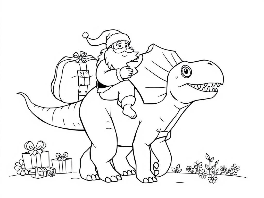 santa with a bag of presents riding a friendly triceratops with presents and flowers in the background