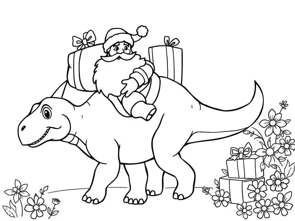 Preview of santa with a bag of presents riding a friendly triceratops with presents and flowers in the background