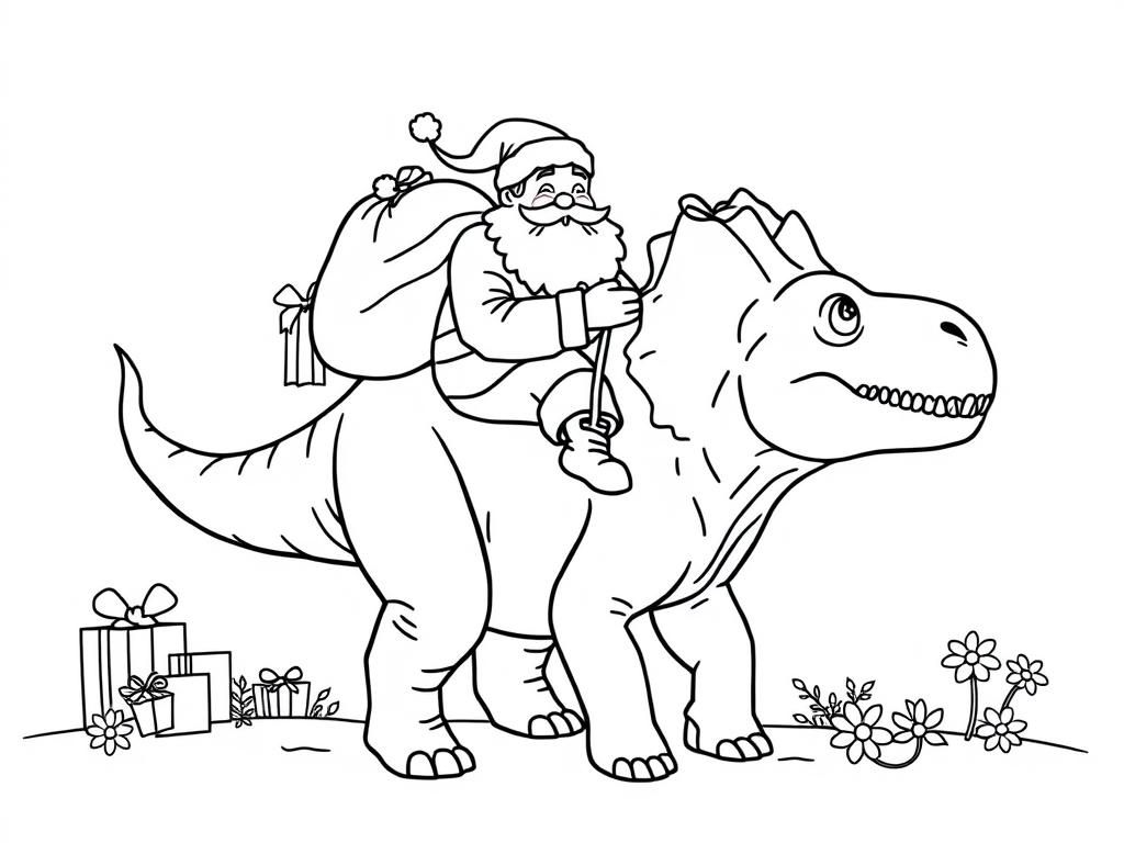 Preview of santa with a bag of presents riding a friendly triceratops with presents and flowers in the background