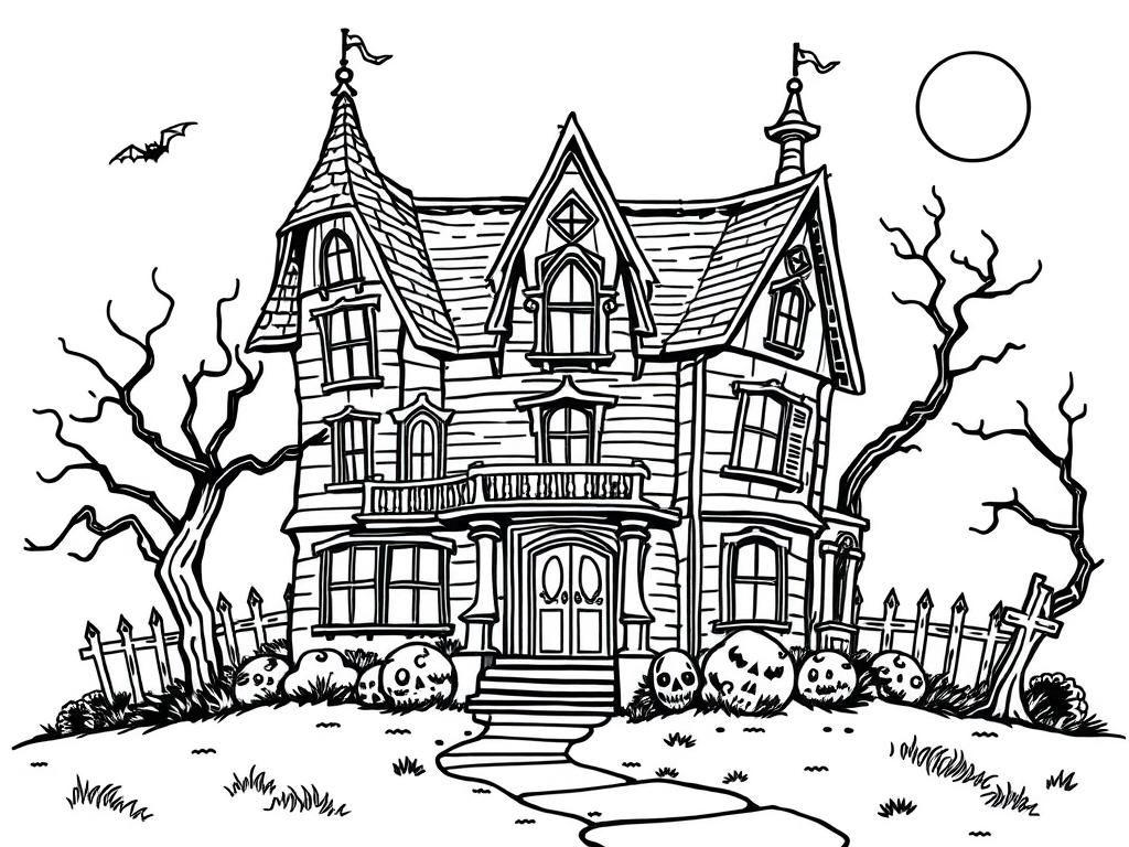 Spooky Haunted House Halloween Coloring Page
