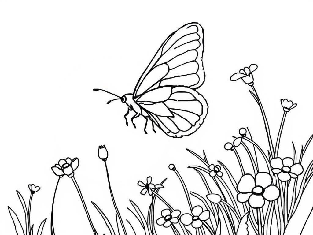 Butterfly and Flowers Coloring Page