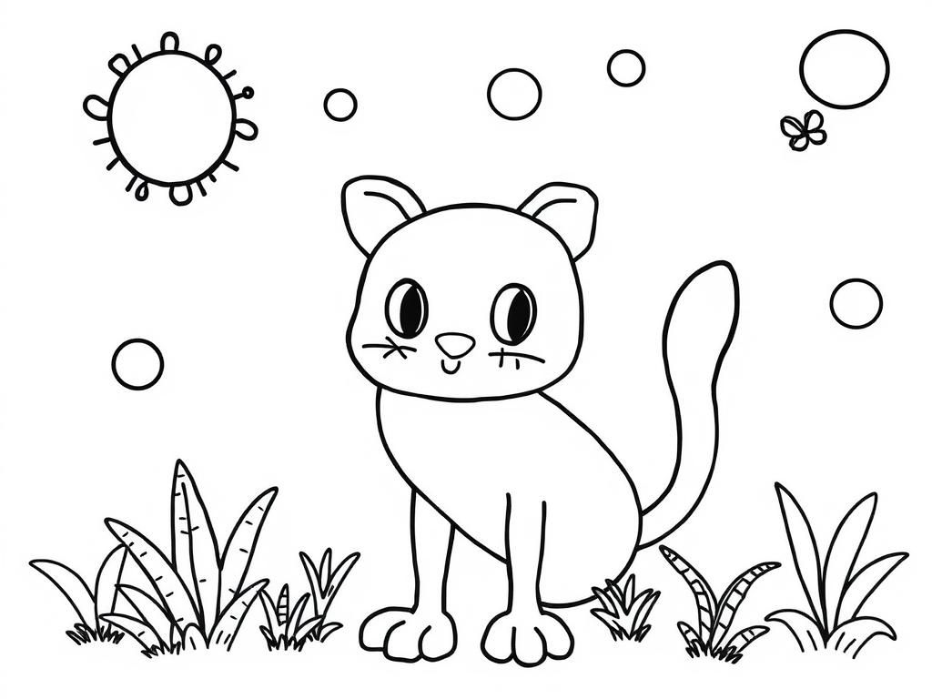Cartoon Cat in a Sunny Meadow Coloring Page
