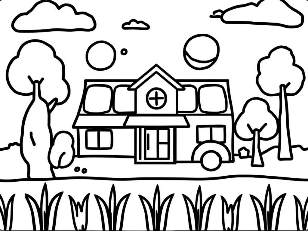 House Coloring Page with Trees