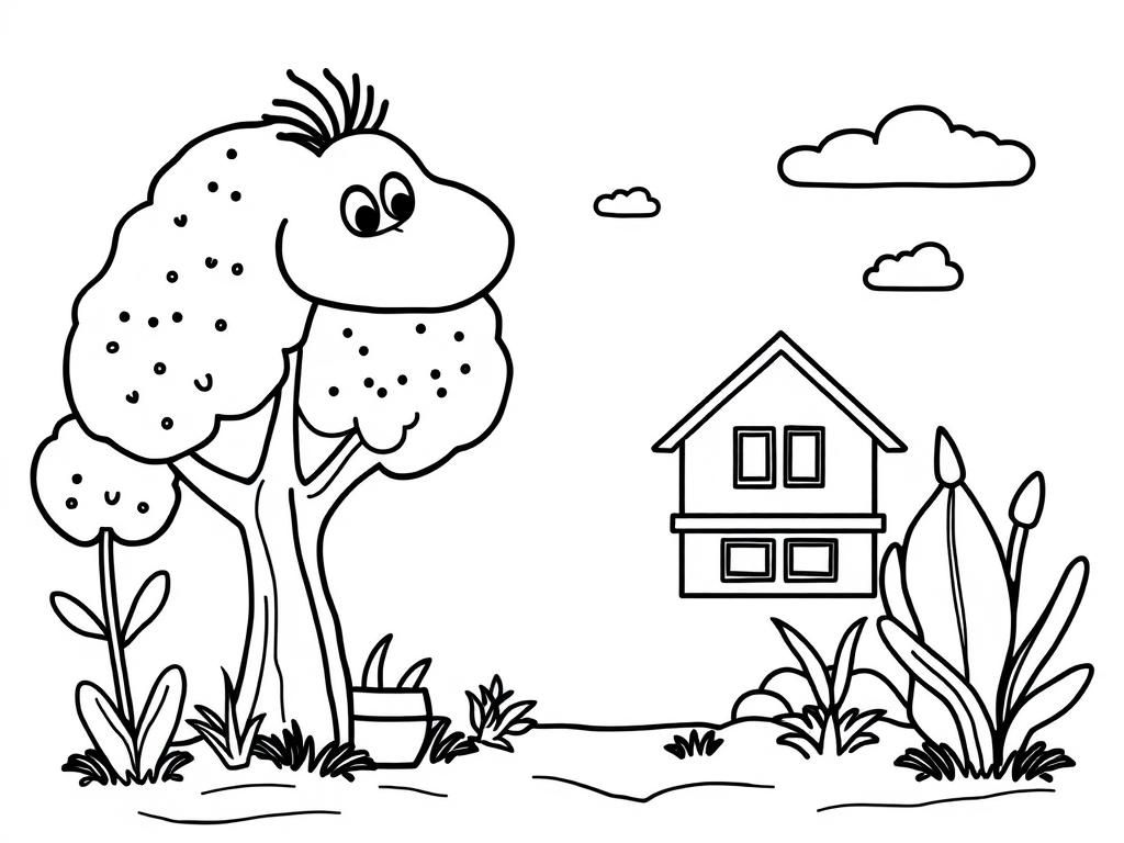 Tree and House Coloring Page
