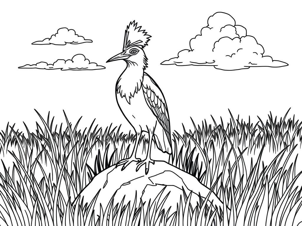 "Secretary Bird standing on a rock surrounded by the grass. Background: a sunny savanna with tall grass and fluffy clouds." - Free Printable Coloring Page