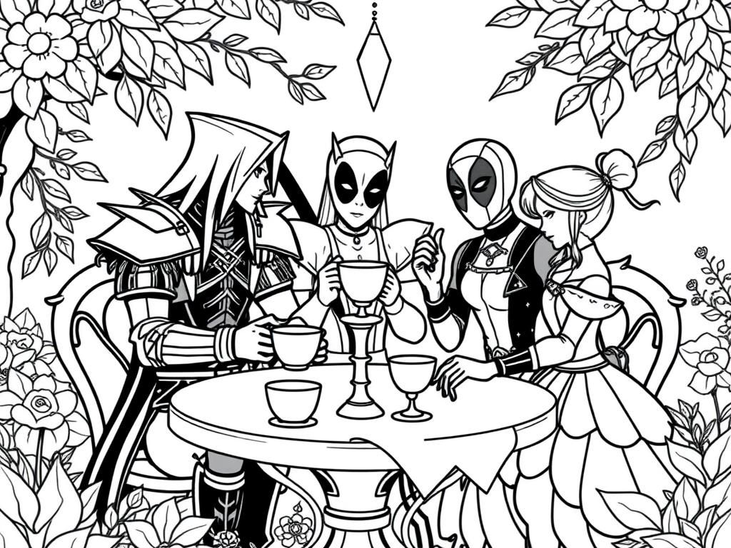 Preview of Sephiroth, Deadpool, and Cinderella have a tea party in an enchanted garden.