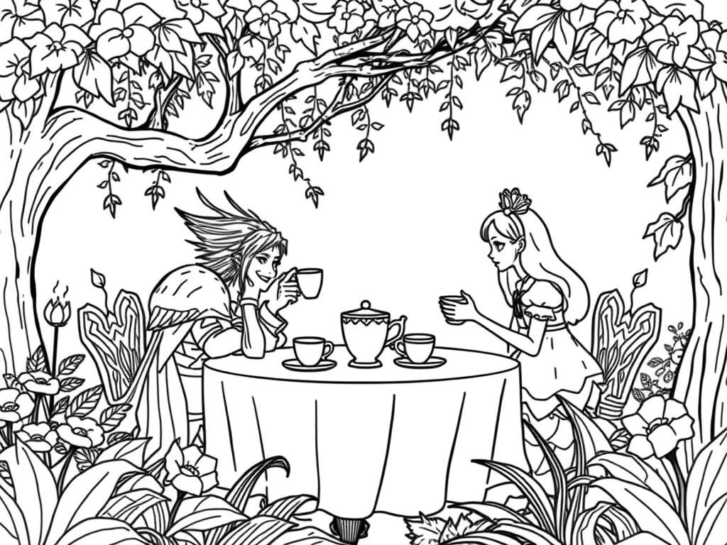 Preview of Sephiroth, Iago, and Alice have a tea party in an enchanted garden.