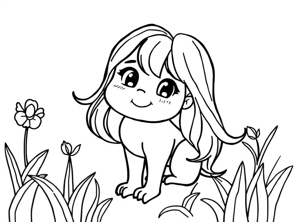 Cute Girl in a Field Coloring Page
