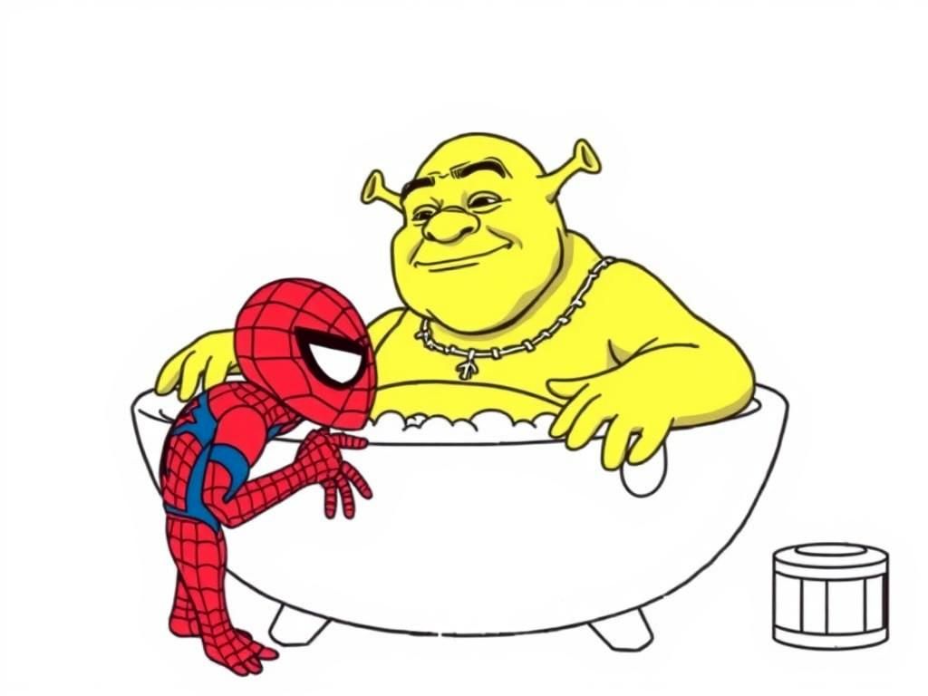 Spider-Man and Shrek Bath Time Coloring Page