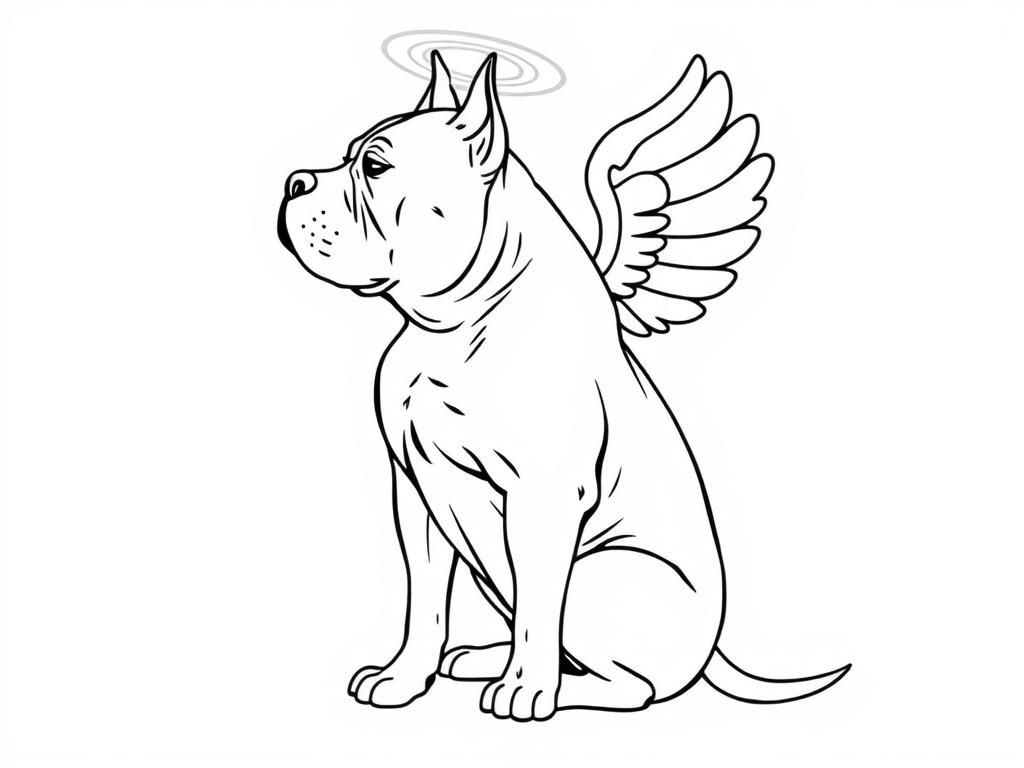 Preview of Side full body profile of overweight American pitbull sitting with angel wings