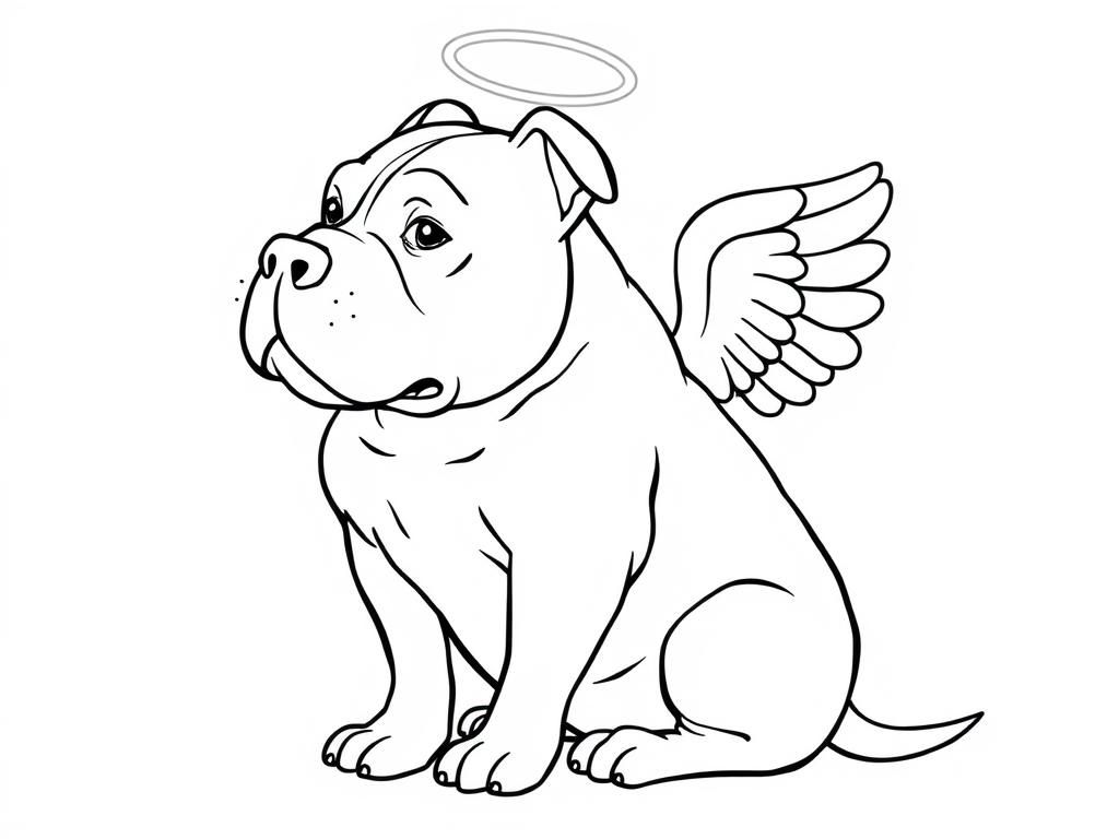 Preview of Side full body profile of overweight American red nose pitbull sitting with angel wings