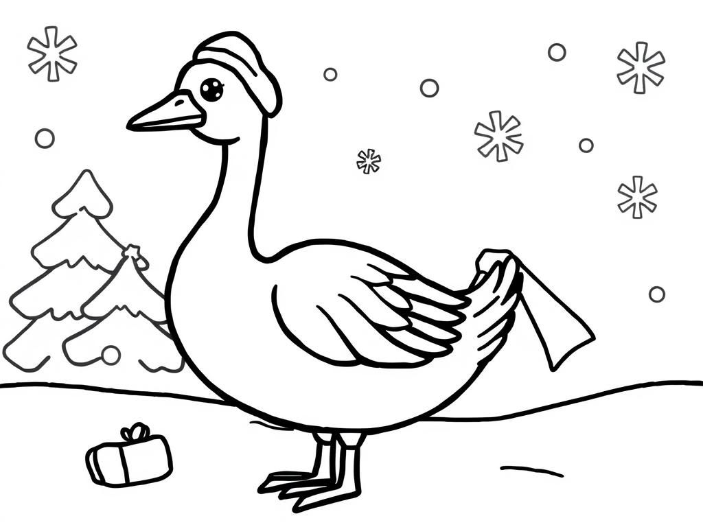 Goose In Winter Christmas Coloring Page