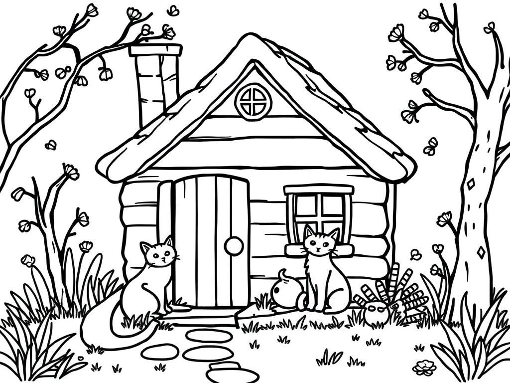 Cats Coloring Page - A Delightful Cottage Scene for Kids