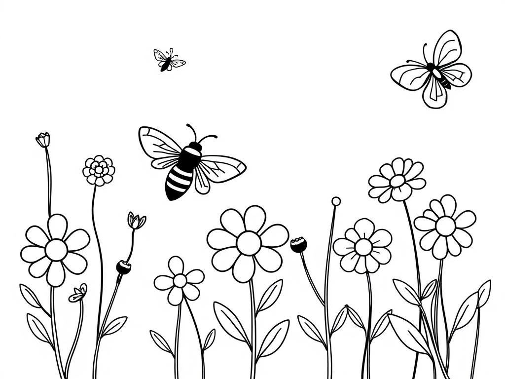 Coloring Page of Bees and Flowers