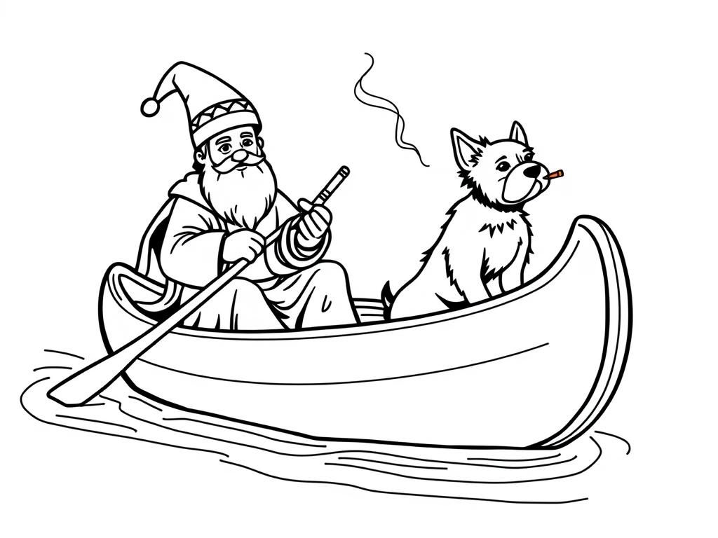 sint nicholas on a canoe with a small brown dog smoking a cigarette butt  on big canoe and  looking both at right