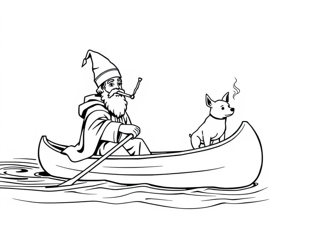 Preview of sint nicholas on a canoe with a small brown dog smoking a cigarette butt  on big canoe and  looking both at right