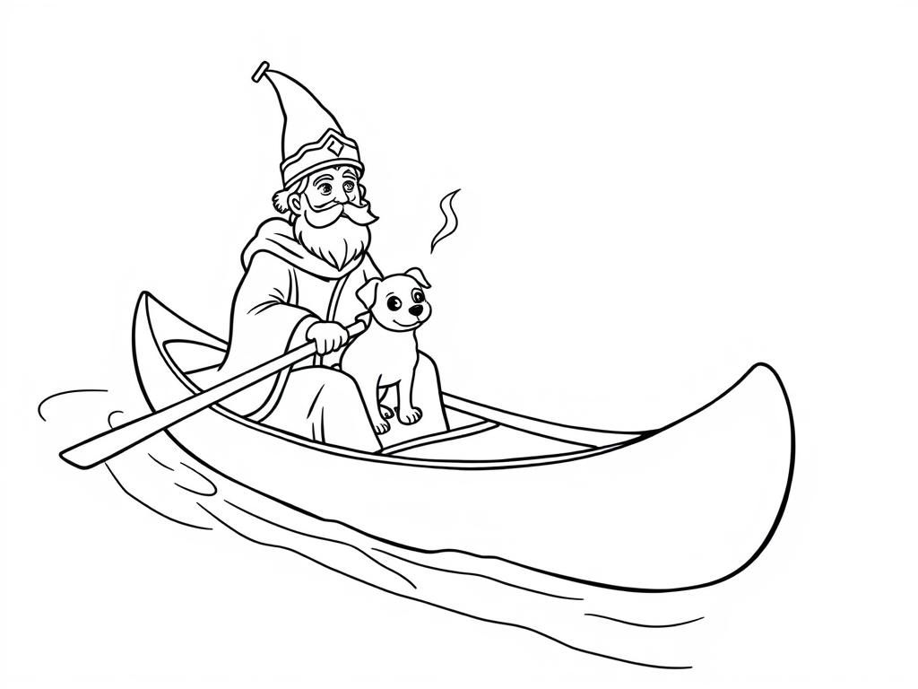 Preview of sint nicholas on a canoe with a small brown dog smoking a cigarette butt  on big canoe and  looking both at right