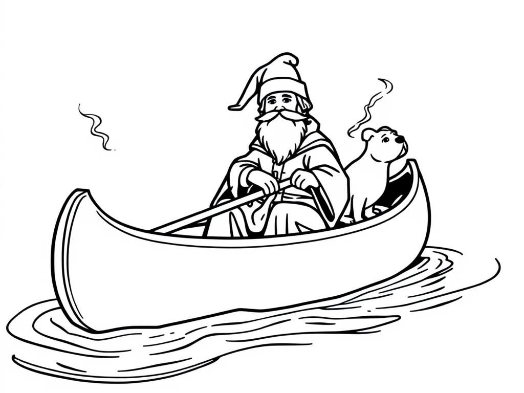 sint nicholas on a canoe with a small brown dog smoking a cigarette butt  on big canoe and  looking both at right