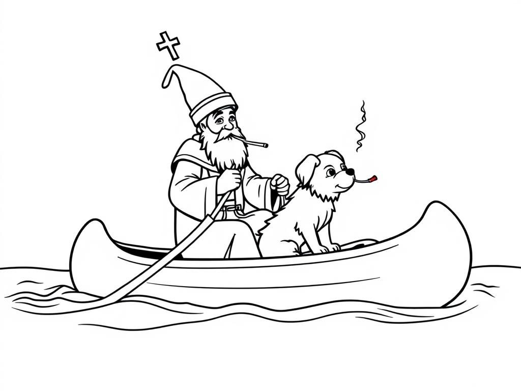 sint nicholas on a canoe with a small brown dog smoking a cigarette butt  on big canoe and  looking both at right