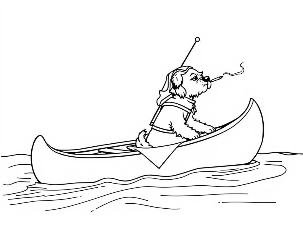 Preview of sint nicholas on a canoe with a small brown dog smoking a cigarette butt  on big canoe and  looking both at right