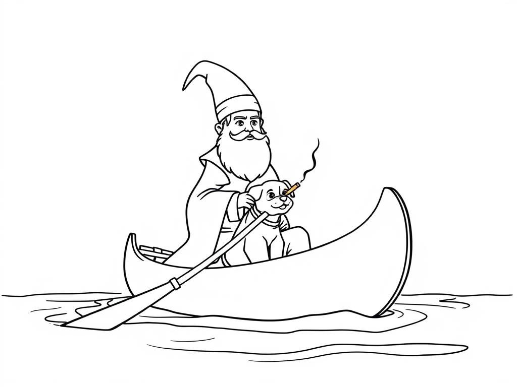 sint nicholas on a canoe with a small brown dog smoking a cigarette butt  on big canoe and  looking both at right