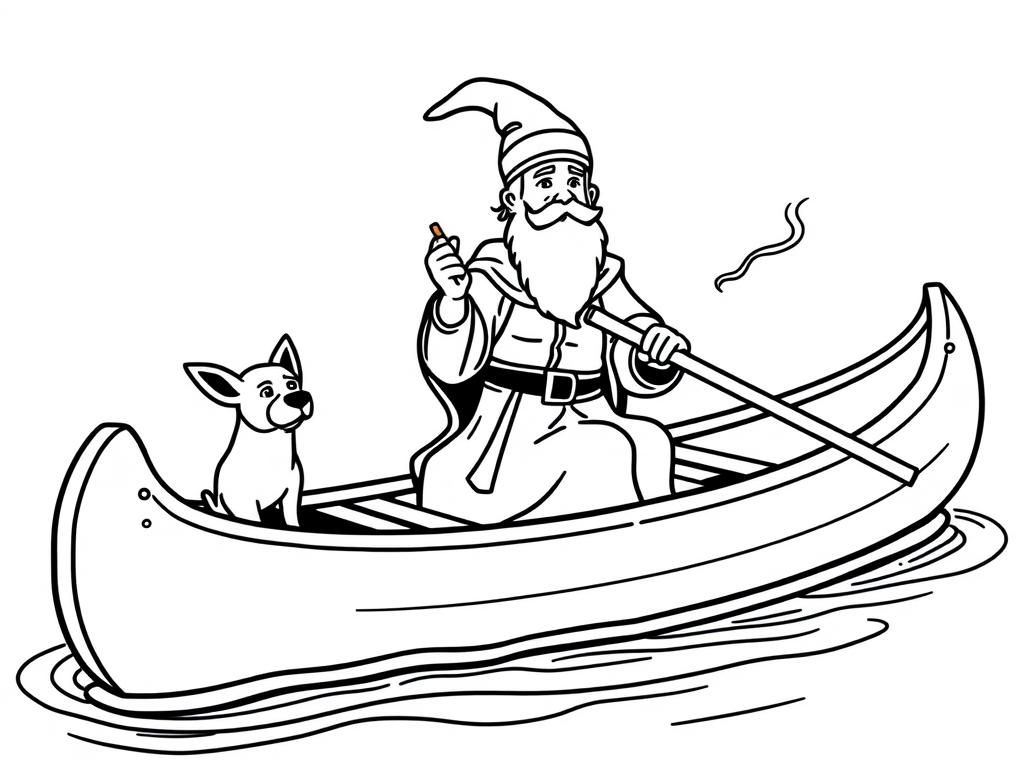 sint nicholas on a canoe with a small brown dog smoking a cigarette butt  on big canoe and  looking both at right