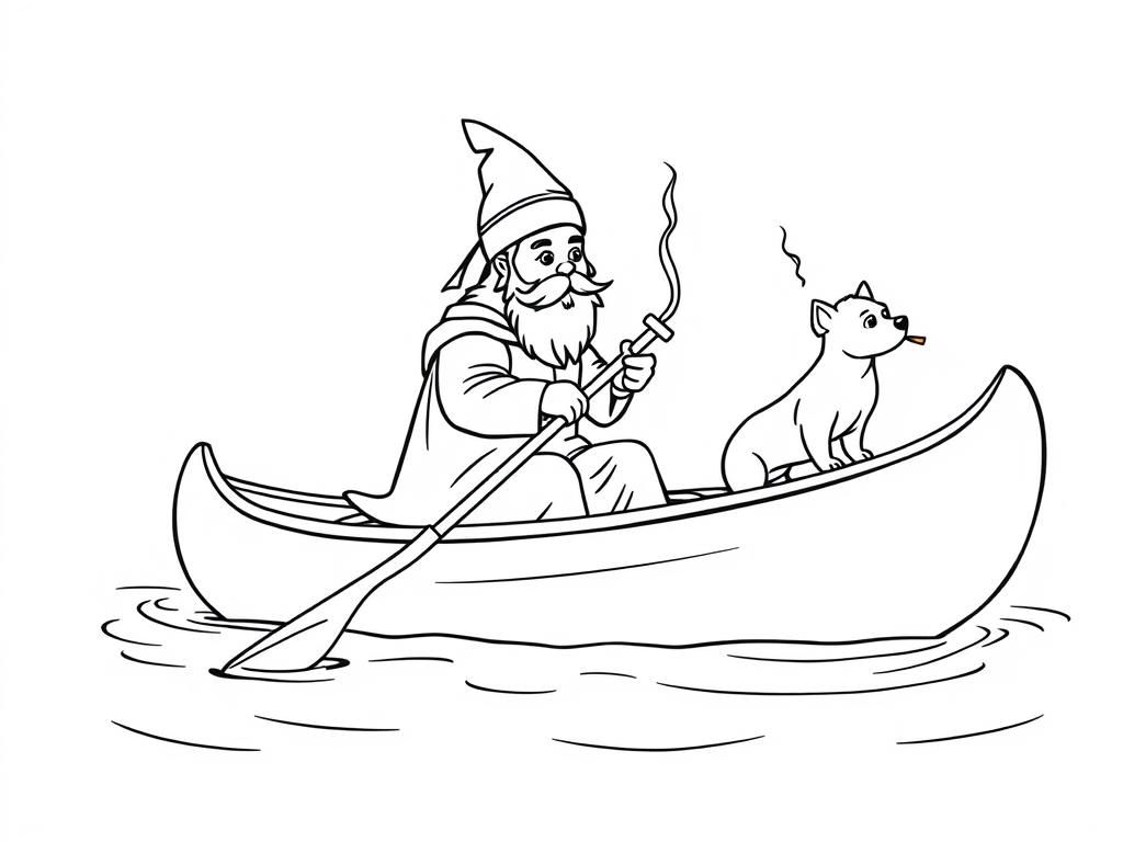 sint nicholas on a canoe with a small brown dog smoking a cigarette butt  on big canoe and  looking both at right