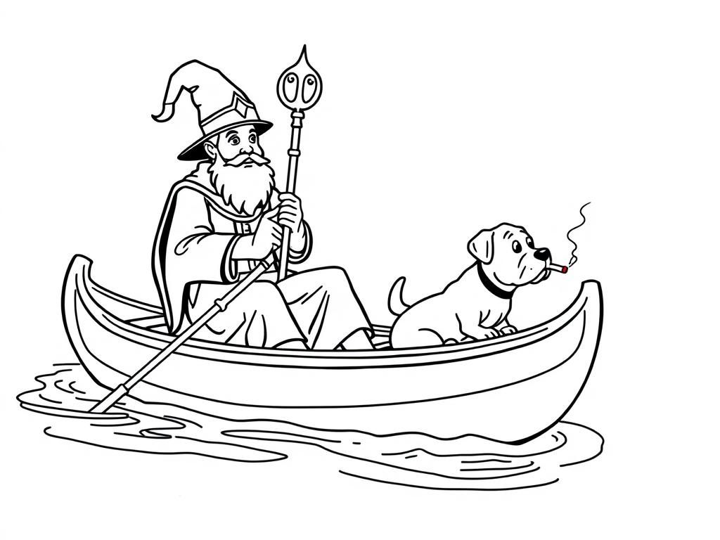 sint nicholas   on large canoe with a small brown dog smoking a cigarette butt  and  looking both at right