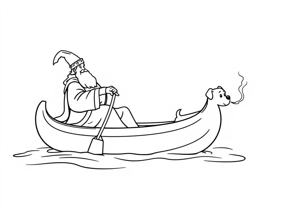 sint nicholas   on large canoe with a small brown dog smoking a cigarette butt  and  looking both at right