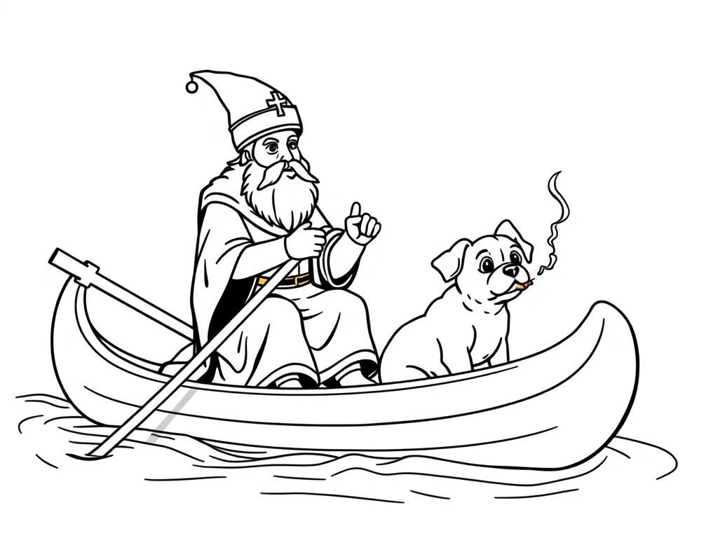 sint nicholas   on large canoe with a small brown dog smoking a cigarette butt  and  looking both at right